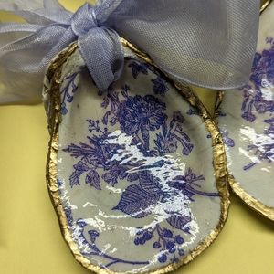 Set Of 2 Handcrafted decoupaged oyster shells lavender purple gold edged